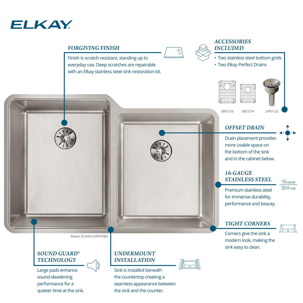Elkay Tarja Lustertone Iconix® Calibre 16 Acero Inoxidable 31-1/4" x 20-1/2" x 9" de Dos Tazones Bajo Cubierta (Kit) with Right Perfect Drain® — ambiente de cocina