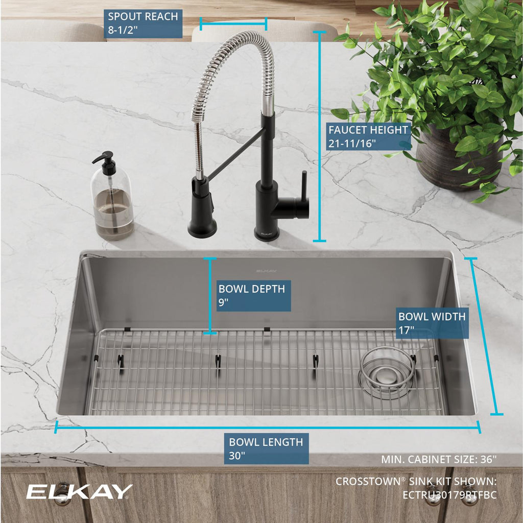 Elkay Tarja Crosstown® Calibre 18 Acero Inoxidable 31-1/2" x 18-1/2" x 9" de Un Tazón Bajo Cubierta (Kit con Llave Rejilla de Fondo y Drenaje) — ambiente de cocina