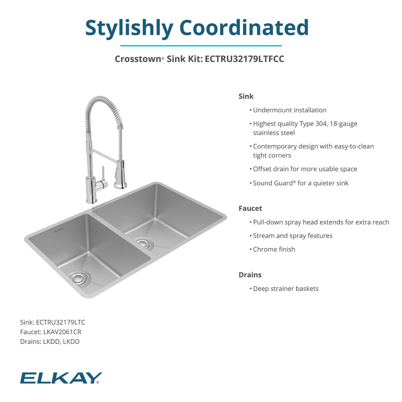 Elkay Tarja Crosstown® Calibre 18 Acero Inoxidable 31-1/2" x 18-1/2" x 9" 40/60 de Dos Tazones Bajo Cubierta (Kit con Llave y Drenaje) — ambiente de cocina