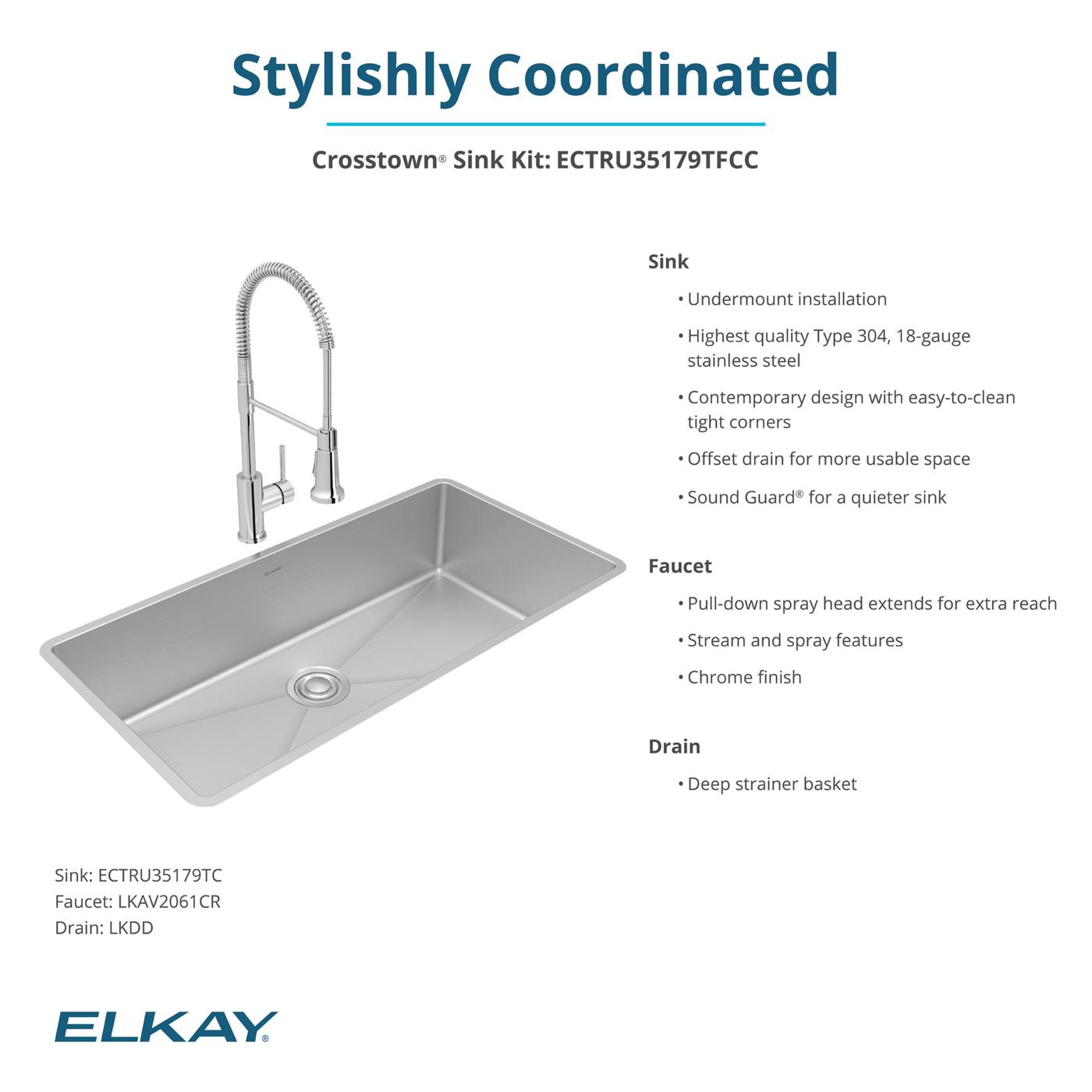Elkay Tarja Crosstown® Calibre 18 Acero Inoxidable 36-1/2" x 18-1/2" x 9" de Un Tazón Bajo Cubierta (Kit con Llave y Drenaje) — ambiente de cocina