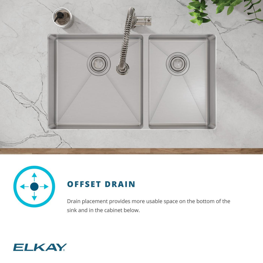 Elkay Tarja Crosstown® Calibre 18 Acero Inoxidable 31-1/2" x 18-1/2" x 9" 60/40 de Dos Tazones Bajo Cubierta (Kit con Llave Rejilla de Fondo y Drenaje) — ambiente de cocina
