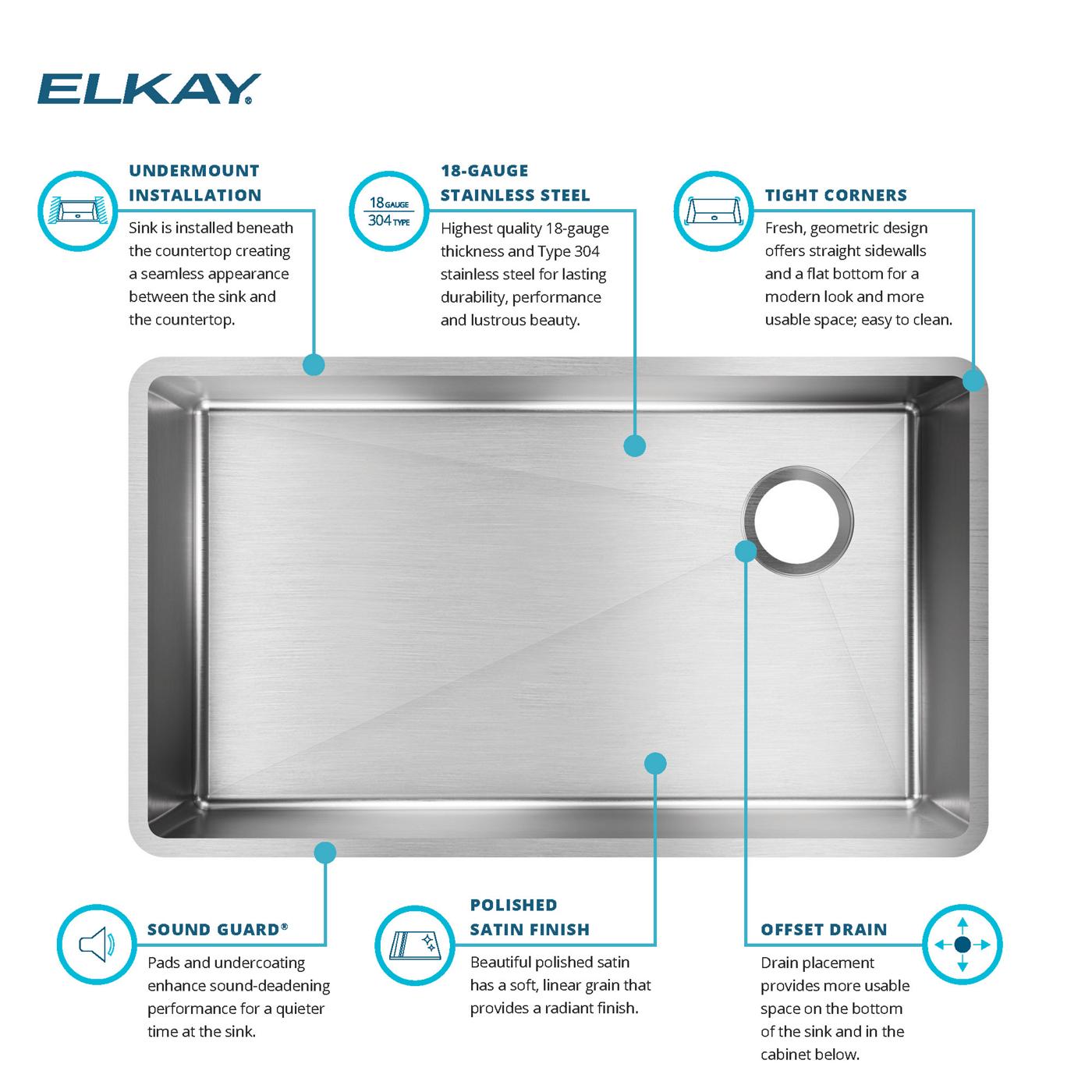 Elkay Tarja Crosstown® Calibre 18 Acero Inoxidable 31-1/2" x 18-1/2" x 9" de Un Tazón Bajo Cubierta — ambiente de cocina
