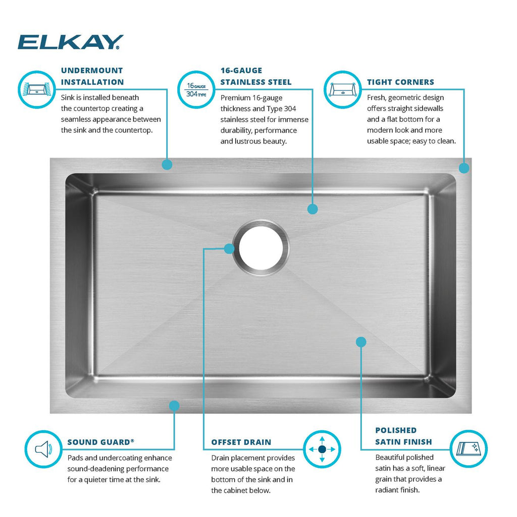 Elkay Tarja Crosstown® Calibre 16 Acero Inoxidable 30-1/2" x 18-1/2" x 8" de Un Tazón Bajo Cubierta — ambiente de cocina