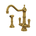 Rohl Edwardian Mezcladora de Cocina de Dos Manijas con Aspersor Lateral - Palanca de Metal - Latón sin Laca