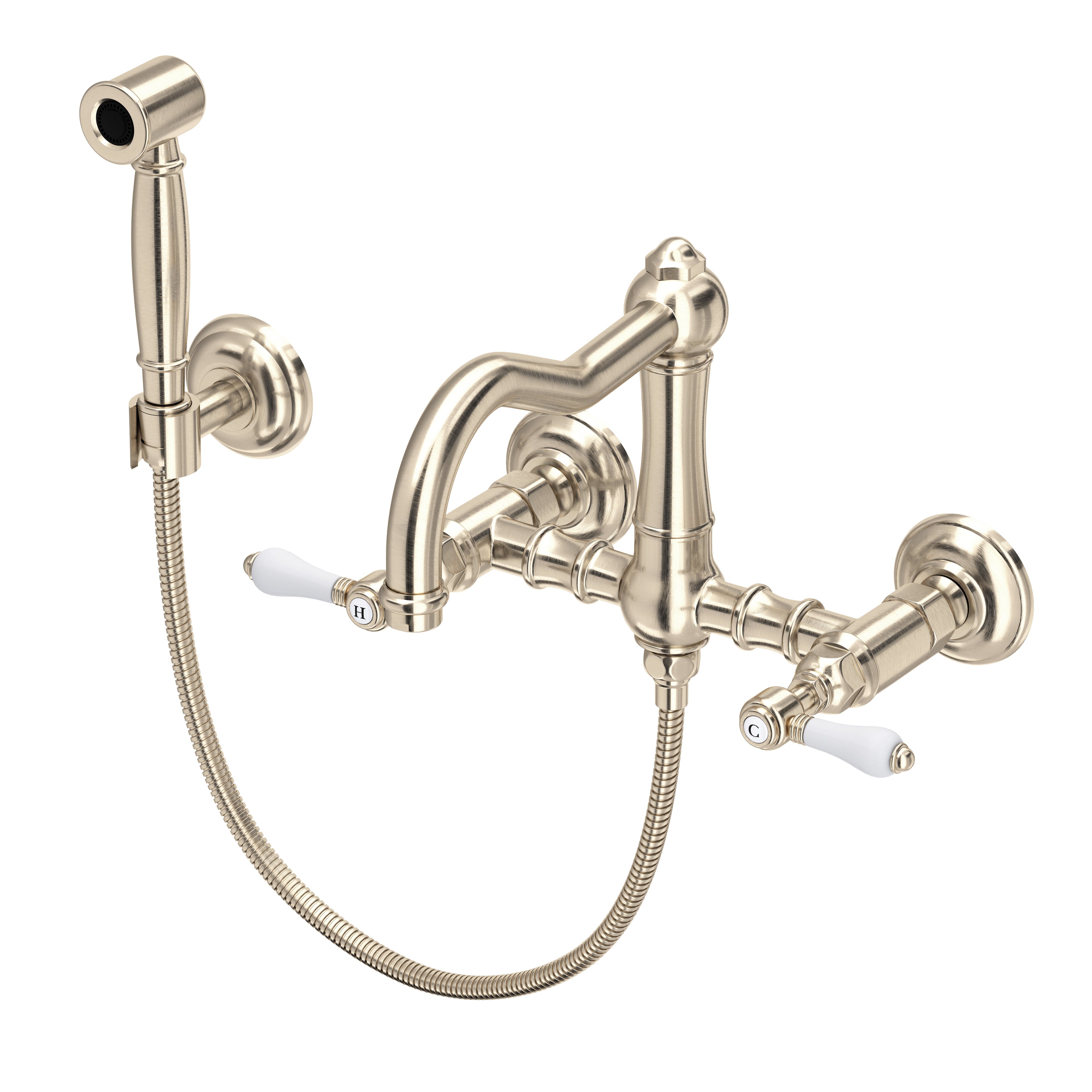 Rohl Acqui Mezcladora de Cocina Tipo Puente de Pared con Aspersor Lateral y Surtidor de Columna - Palanca de Porcelana Blanca - Níquel Satinado