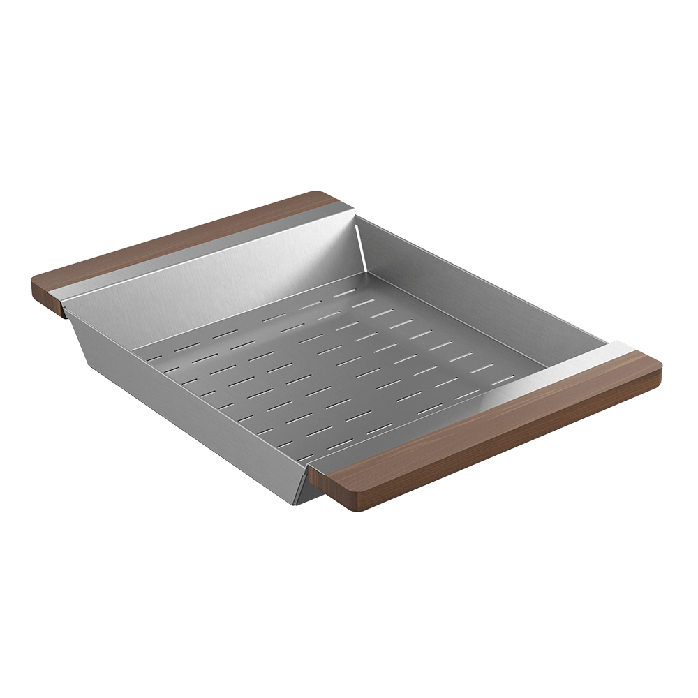 Julien · Colador Deslizante con Asas de Madera — Nogal / 12″ × 17⅜″ · tarja Fira · alto 2¼″