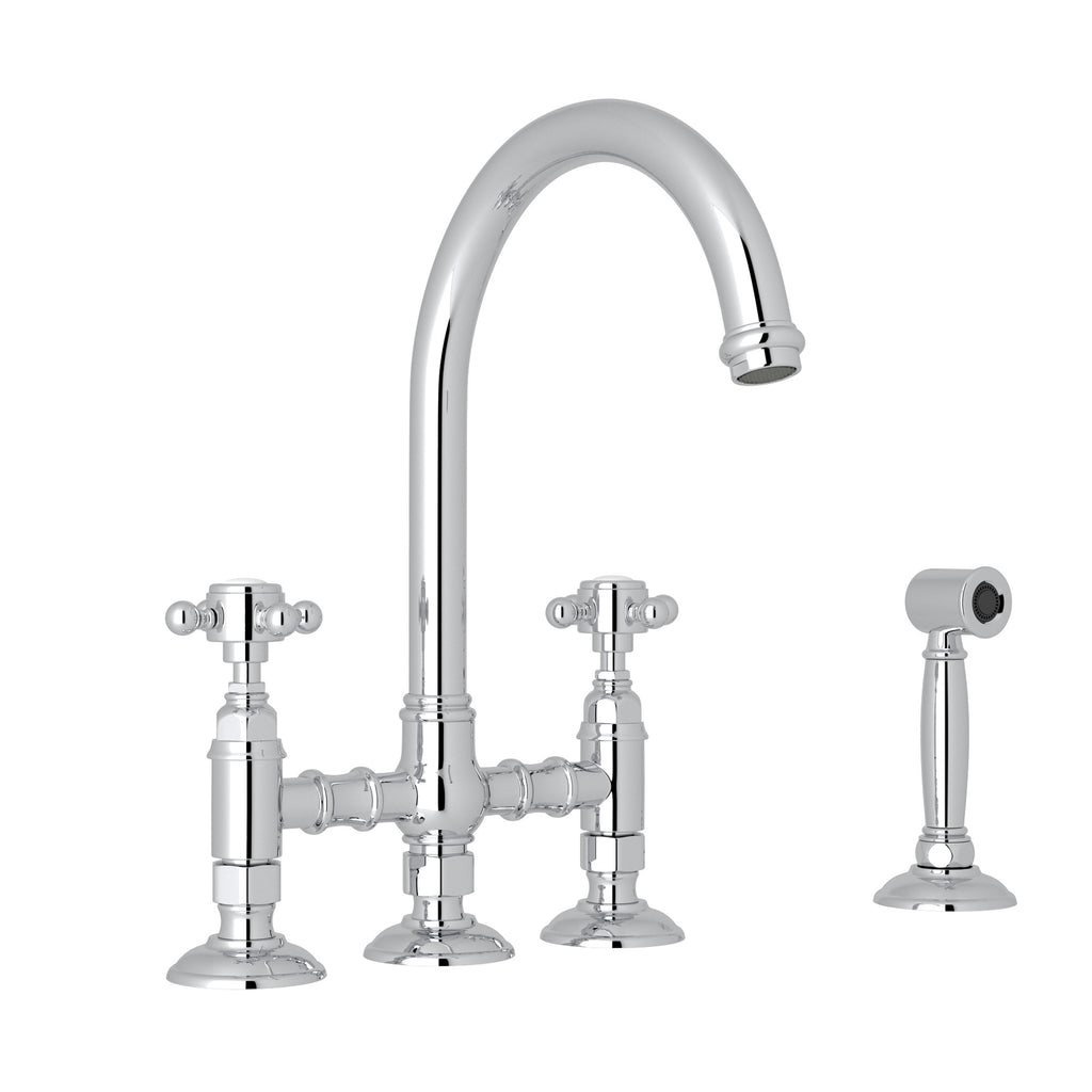 Rohl San Julio Mezcladora de Cocina Tipo Puente con Aspersor Lateral Acqui - Manija de Cruz - Cromo Pulido