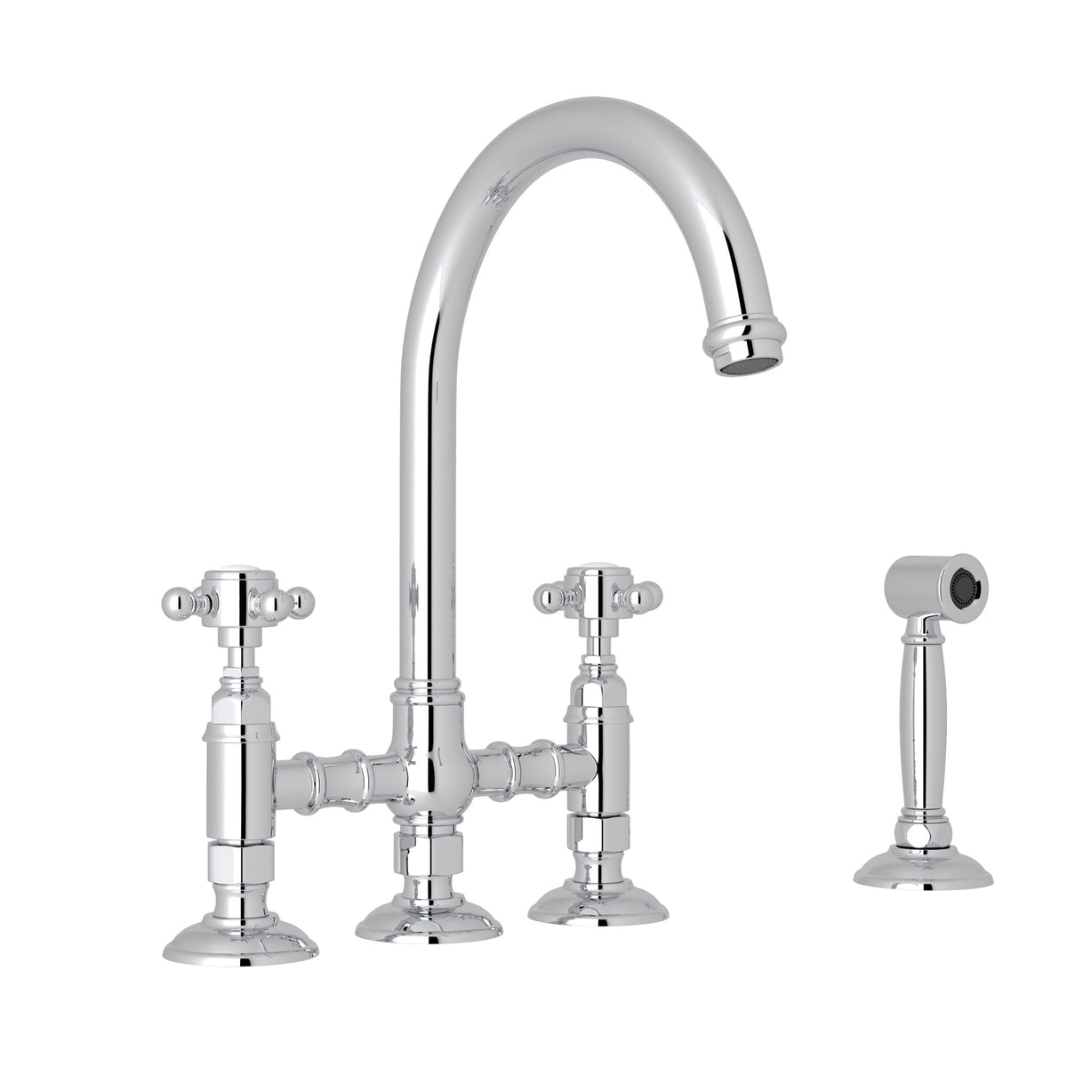 Rohl San Julio Mezcladora de Cocina Tipo Puente con Aspersor Lateral Acqui - Manija de Cruz - Cromo Pulido