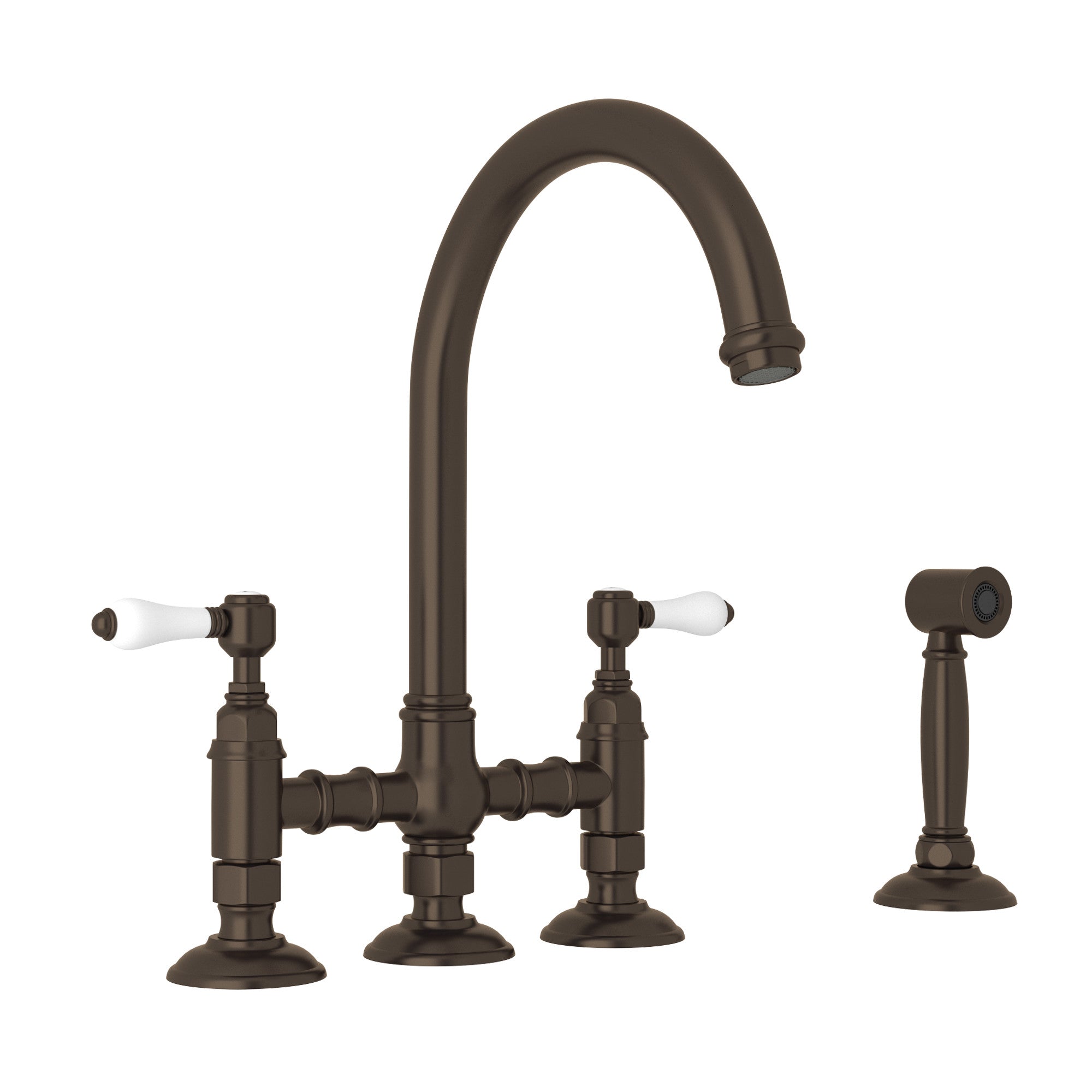 Rohl San Julio Mezcladora de Cocina Tipo Puente con Aspersor Lateral Acqui - Palanca de Porcelana Blanca - Latón Toscano