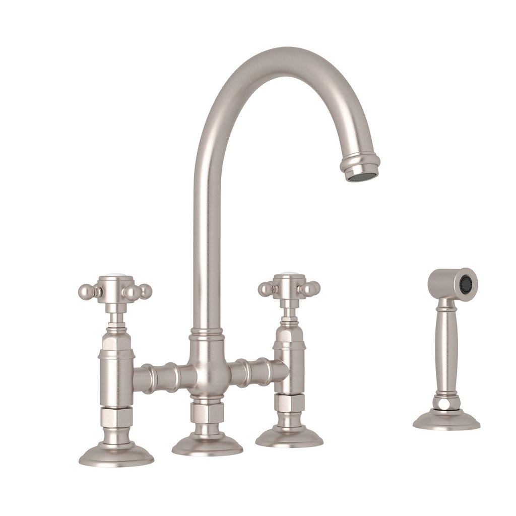 Rohl San Julio Mezcladora de Cocina Tipo Puente con Aspersor Lateral Acqui - Manija de Cruz - Níquel Satinado