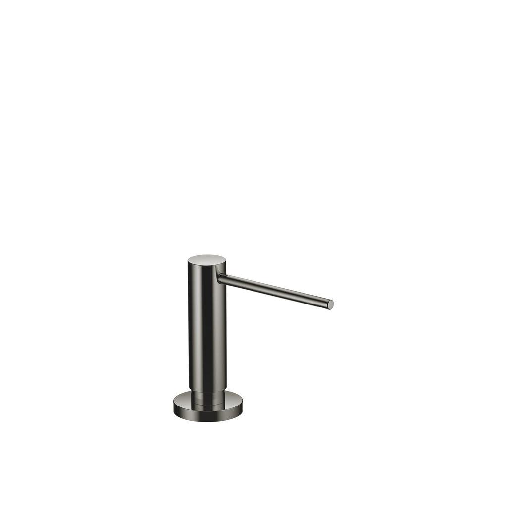 Dispensador de jabón Dornbracht montado sobre roseta circular, con cabezal dosificador giratorio, acabado Dark Chrome