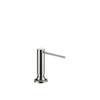 Dispensador de jabón Dornbracht de la serie VAIA, con roseta circular y cabezal dosificador giratorio, acabado Platino cepillado
