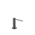 Dispensador de jabón Dornbracht montado sobre roseta circular, con cabezal dosificador giratorio, acabado Dark Platinum cepillado