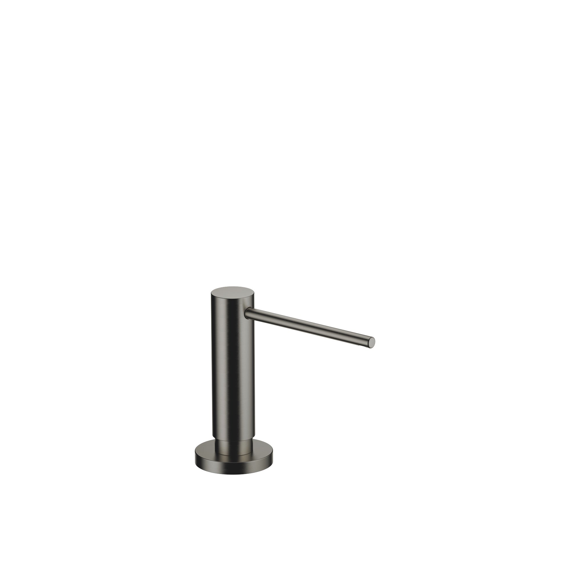 Dispensador de jabón Dornbracht montado sobre roseta circular, con cabezal dosificador giratorio, acabado Dark Platinum cepillado