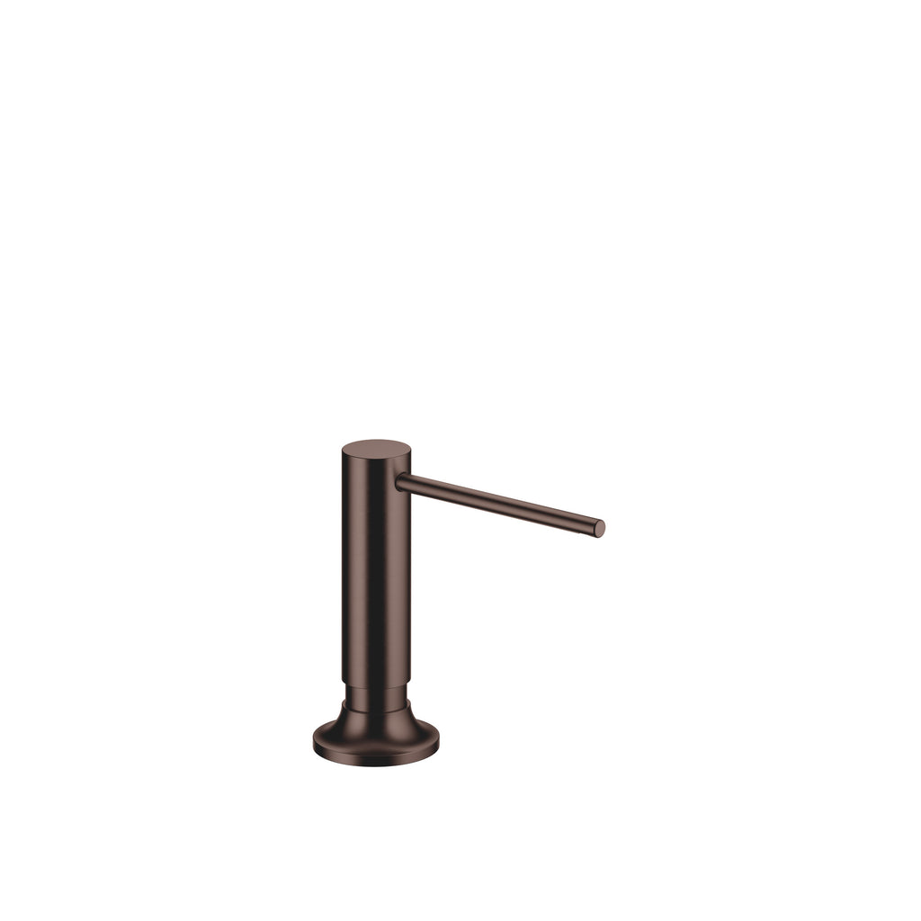 Dispensador de jabón Dornbracht de la serie VAIA, con roseta circular y cabezal dosificador giratorio, acabado Dark Bronze cepillado (PVD)