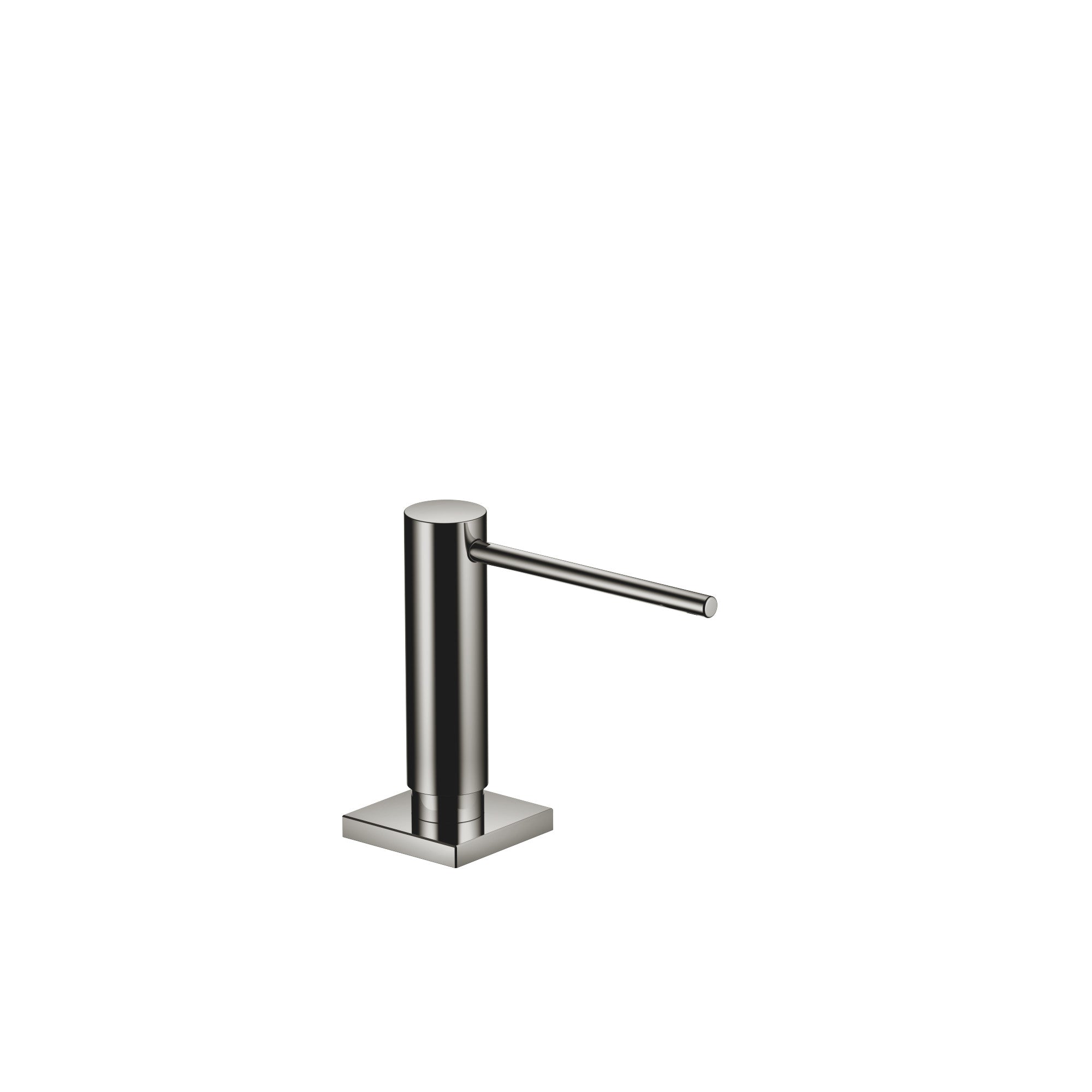 Dispensador de jabón Dornbracht de la serie LOT, montado sobre roseta cuadrada, con cabezal dosificador giratorio, acabado Dark Chrome