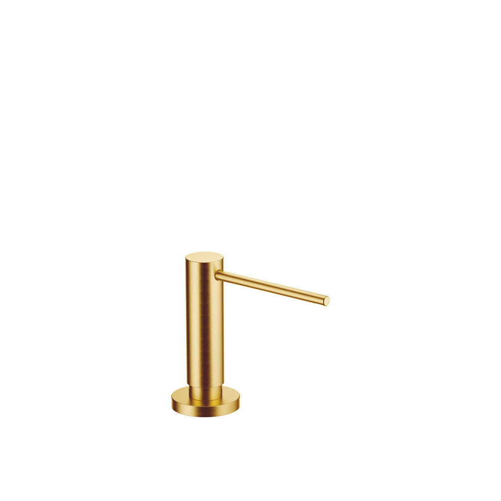 Dispensador de jabón Dornbracht montado sobre roseta circular, con cabezal dosificador giratorio, acabado Latón cepillado (Oro 23k)