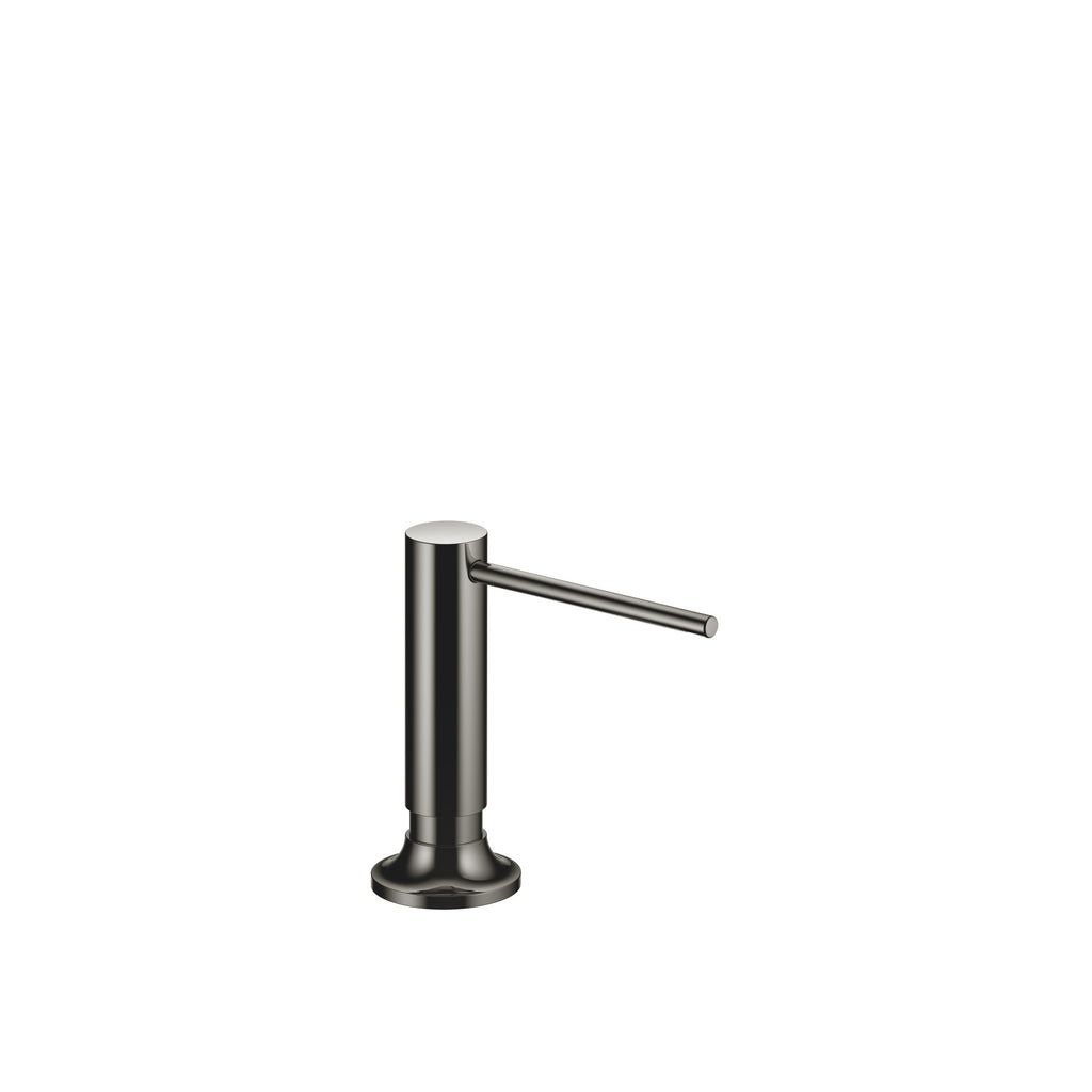 Dispensador de jabón Dornbracht de la serie VAIA, con roseta circular y cabezal dosificador giratorio, acabado Dark Chrome