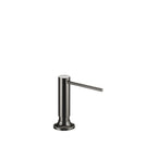 Dispensador de jabón Dornbracht de la serie VAIA, con roseta circular y cabezal dosificador giratorio, acabado Dark Chrome