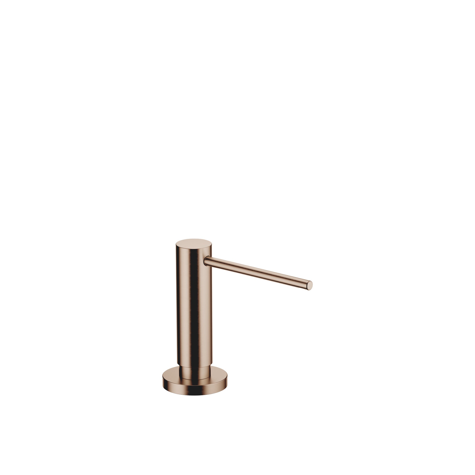 Dispensador de jabón Dornbracht montado sobre roseta circular, con cabezal dosificador giratorio, acabado Bronce cepillado (PVD)