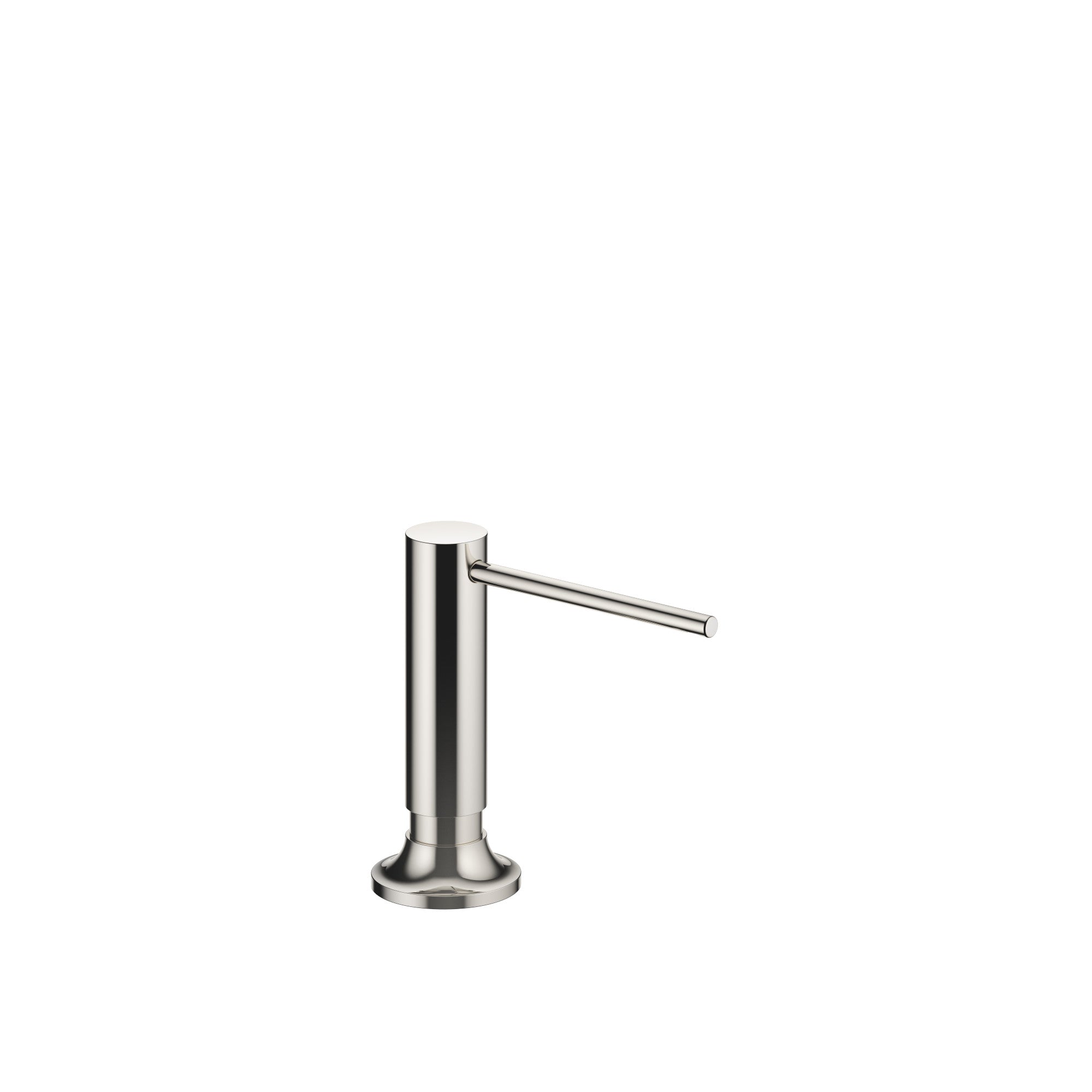 Dispensador de jabón Dornbracht de la serie VAIA, con roseta circular y cabezal dosificador giratorio, acabado Platino