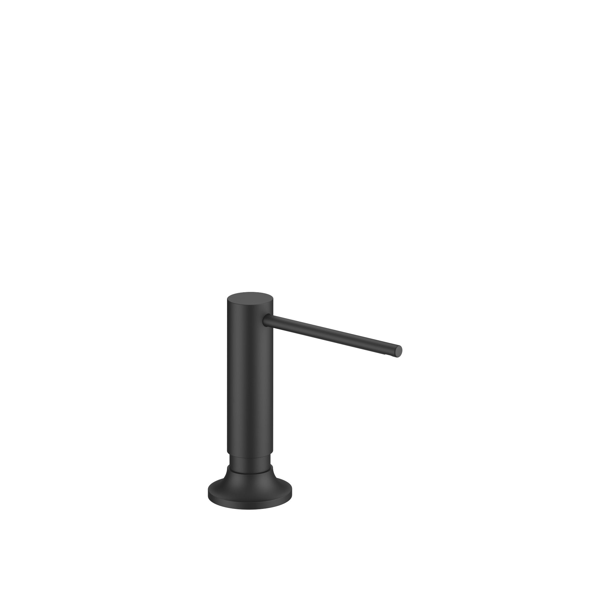 Dispensador de jabón Dornbracht de la serie VAIA, con roseta circular y cabezal dosificador giratorio, acabado Negro mate