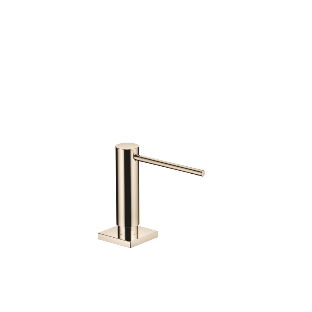 Dispensador de jabón Dornbracht de la serie LOT, montado sobre roseta cuadrada, con cabezal dosificador giratorio, acabado Champagne (Oro 22k)