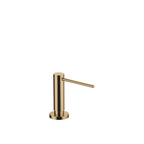 Dispensador de jabón Dornbracht montado sobre roseta circular, con cabezal dosificador giratorio, acabado Dark Brass cepillado (PVD)