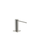 Dispensador de jabón Dornbracht de la serie LOT, montado sobre roseta cuadrada, con cabezal dosificador giratorio, acabado Platino cepillado