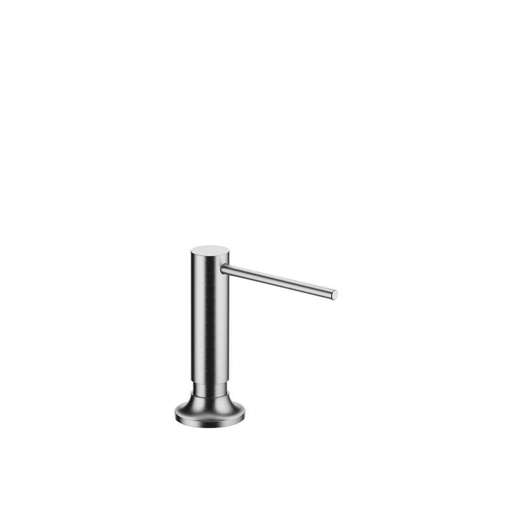 Dispensador de jabón Dornbracht de la serie VAIA, con roseta circular y cabezal dosificador giratorio, acabado Cromo cepillado