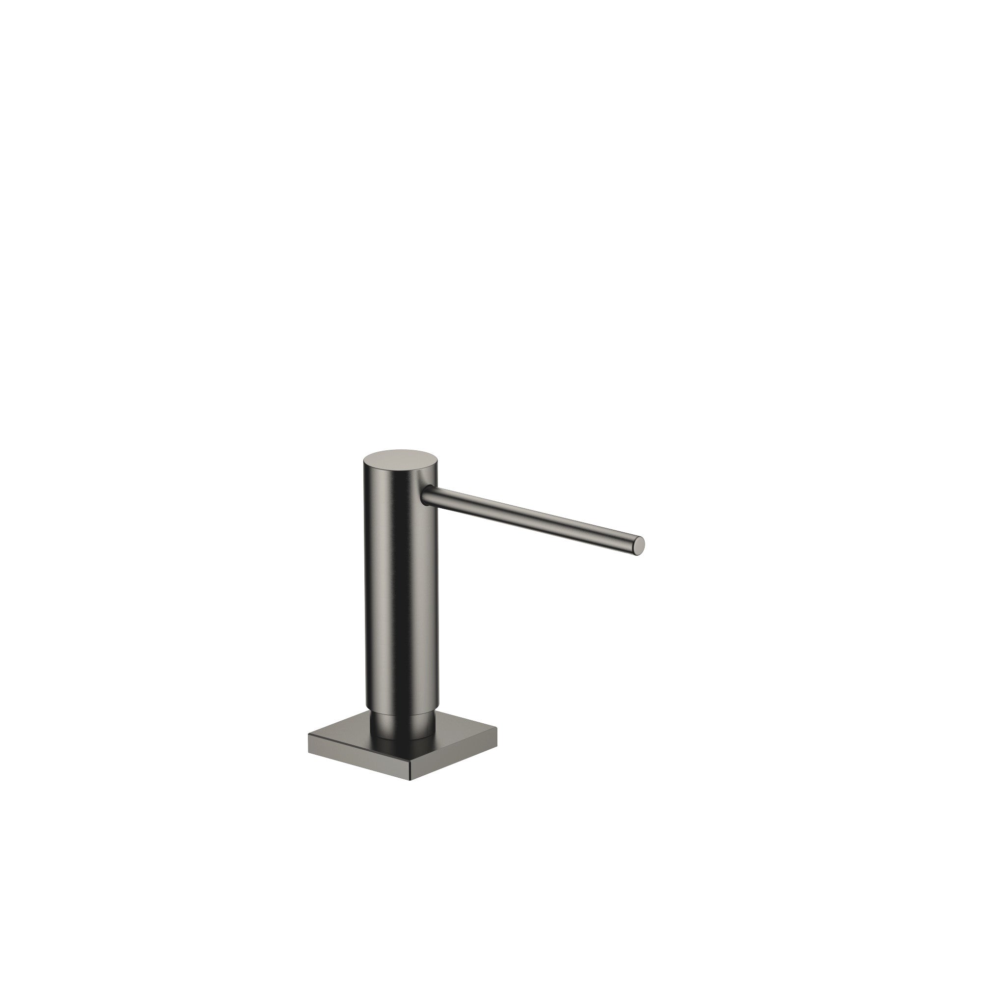 Dispensador de jabón Dornbracht de la serie LOT, montado sobre roseta cuadrada, con cabezal dosificador giratorio, acabado Dark Platinum cepillado