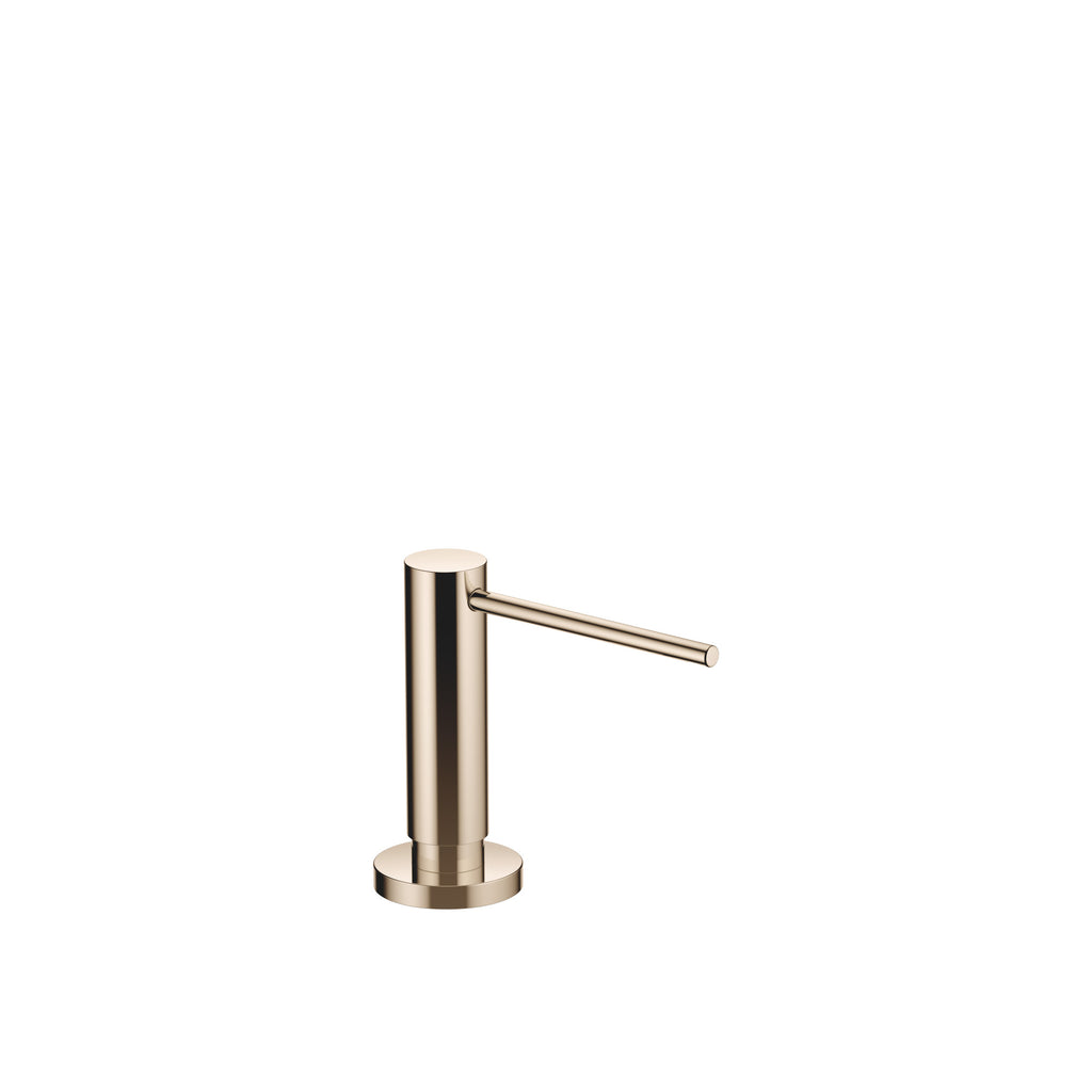 Dispensador de jabón Dornbracht montado sobre roseta circular, con cabezal dosificador giratorio, acabado Champagne (Oro 22k)