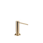 Dispensador de jabón Dornbracht de la serie VAIA, con roseta circular y cabezal dosificador giratorio, acabado Latón (Oro 23k)