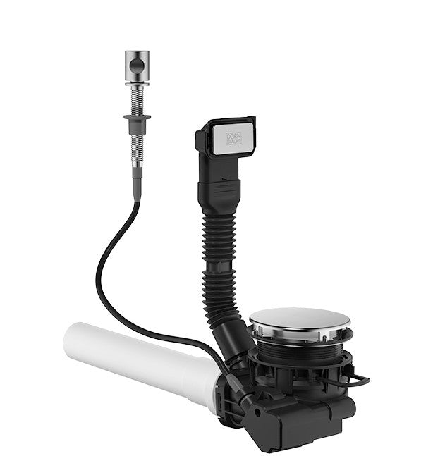 Válvula de desagüe semiautomática Dornbracht con cable Bowden, sifón y tapa de accionamiento, sobre fondo blanco, acabado Acero Inox cepillado