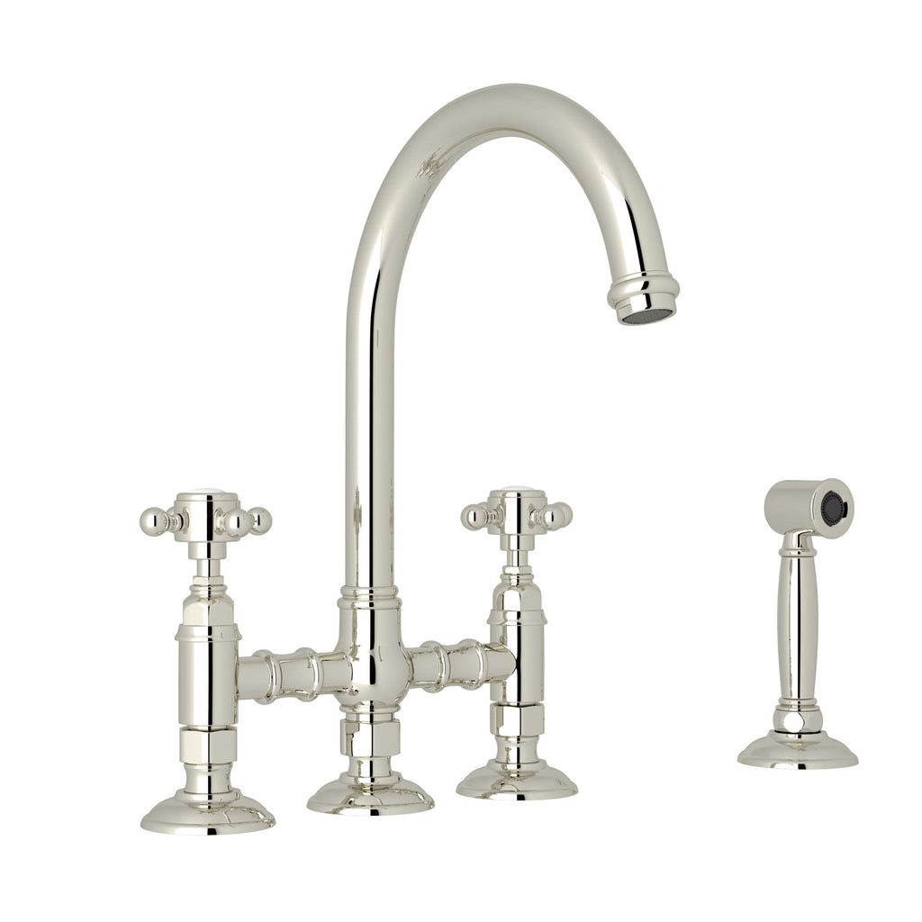 Rohl San Julio Mezcladora de Cocina Tipo Puente con Aspersor Lateral Acqui - Manija de Cruz - Níquel Pulido