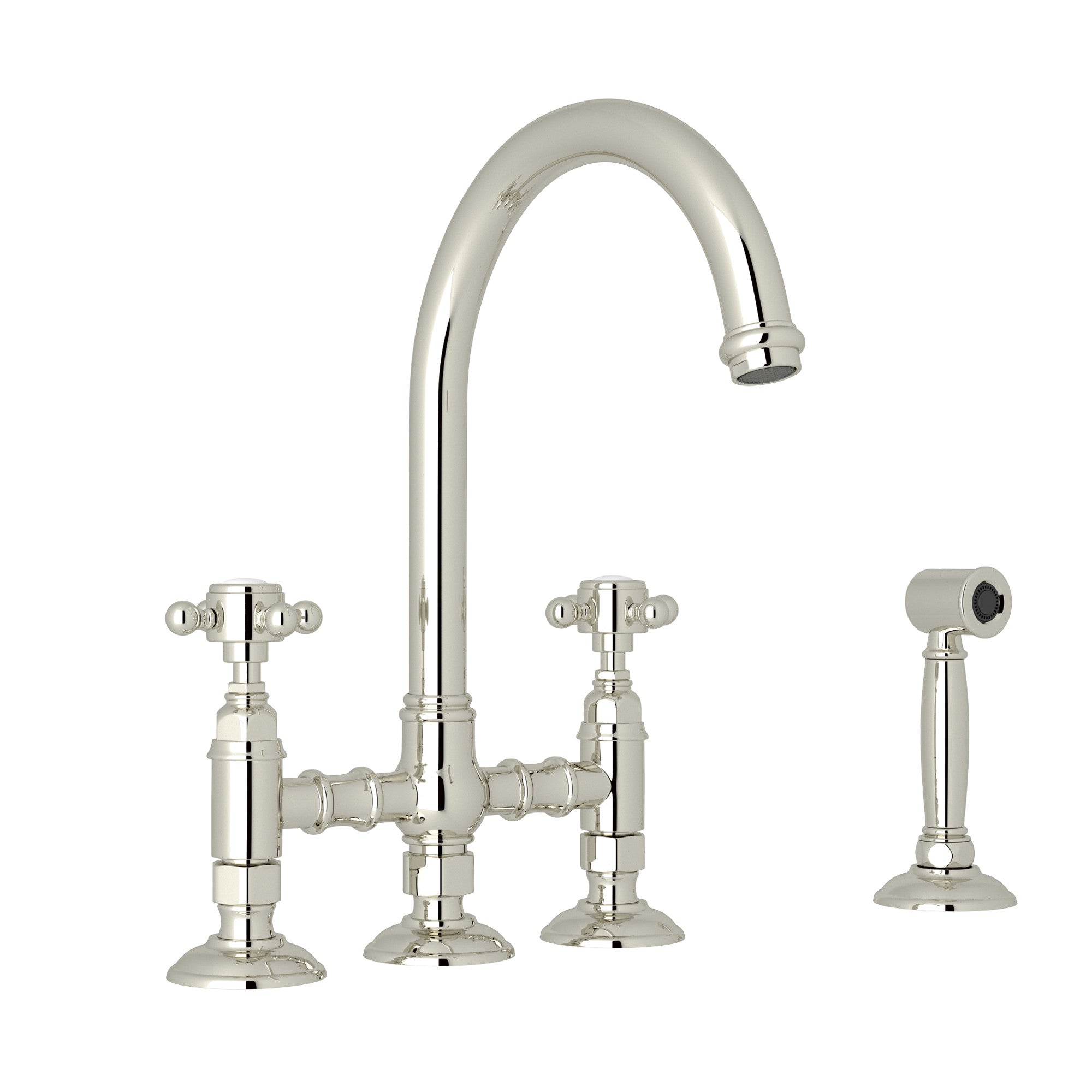 Rohl San Julio Mezcladora de Cocina Tipo Puente con Aspersor Lateral Acqui - Manija de Cruz - Níquel Pulido
