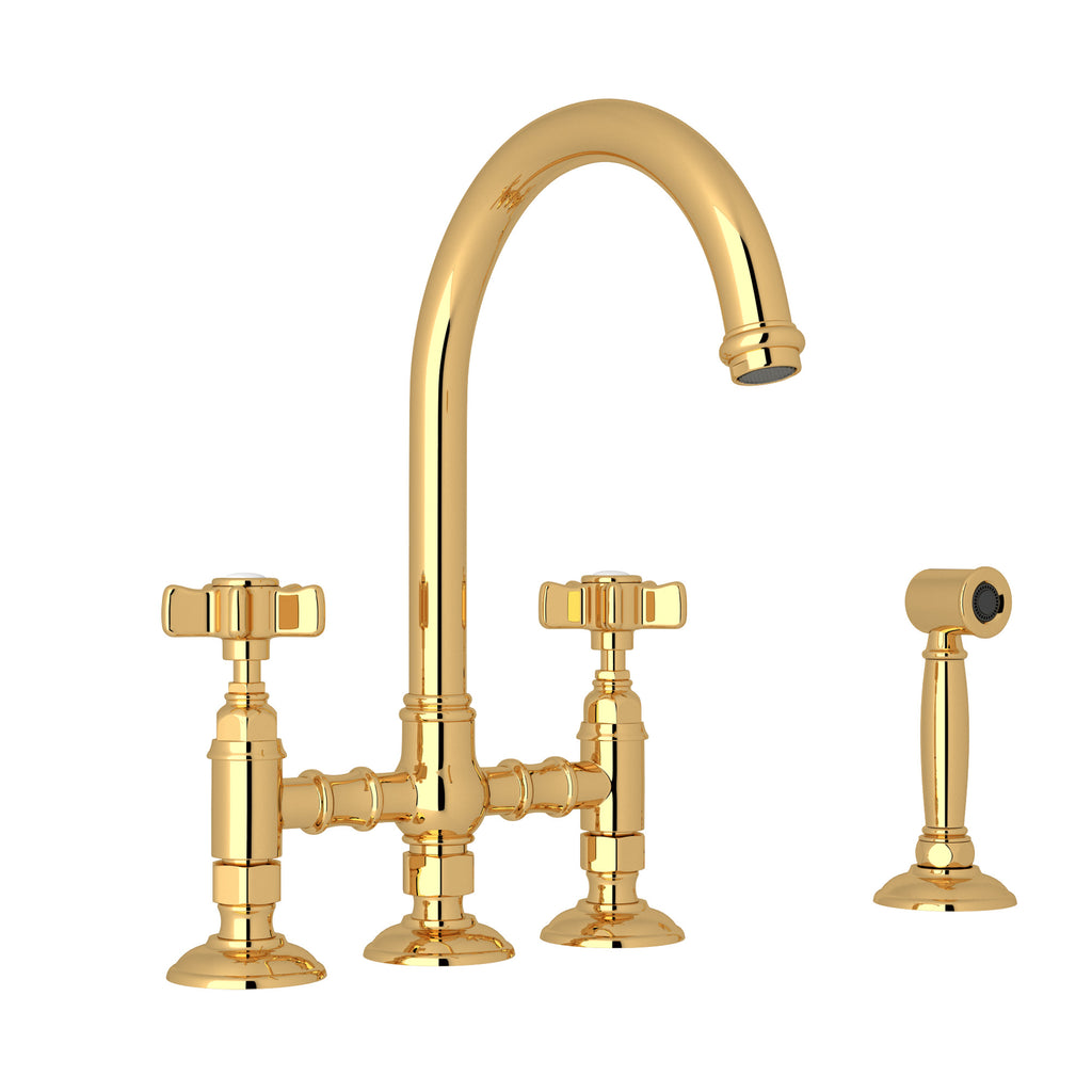 Rohl San Julio Mezcladora de Cocina Tipo Puente con Aspersor Lateral Acqui - Manija de Cruz de Cinco Radios - Latón Italiano