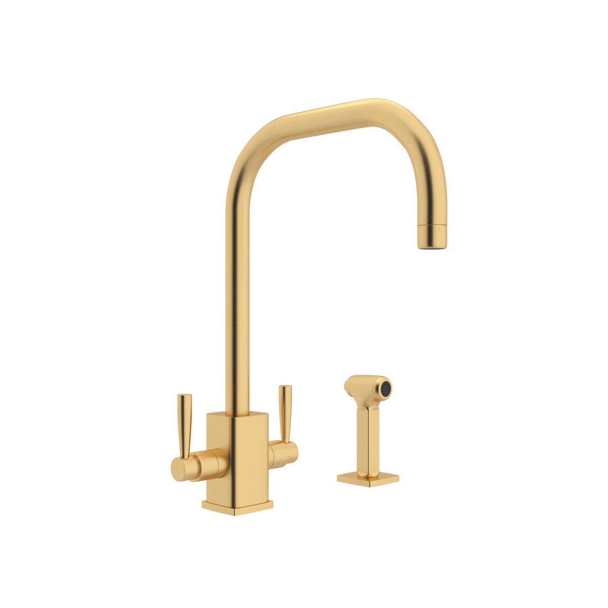 Rohl Holborn Mezcladora de Cocina de Dos Manijas con Surtidor en U y Aspersor Lateral - Oro Inglés Satinado