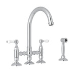 Rohl San Julio Mezcladora de Cocina Tipo Puente con Aspersor Lateral Acqui - Palanca de Porcelana Blanca - Cromo Pulido