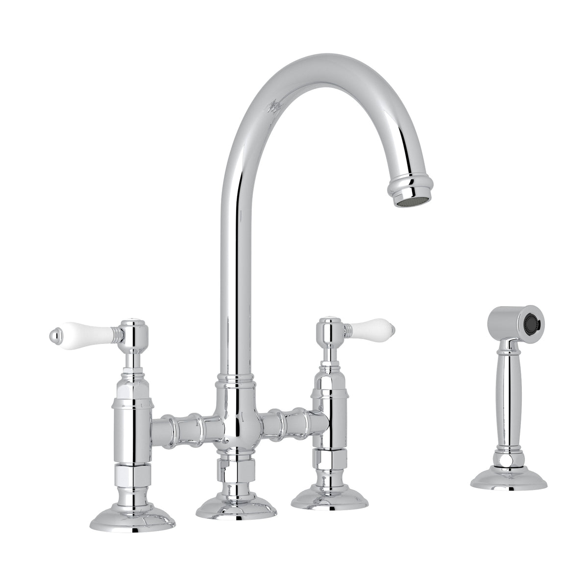 Rohl San Julio Mezcladora de Cocina Tipo Puente con Aspersor Lateral Acqui - Palanca de Porcelana Blanca - Cromo Pulido