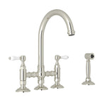 Rohl San Julio Mezcladora de Cocina Tipo Puente con Aspersor Lateral Acqui - Palanca de Porcelana Blanca - Níquel Pulido