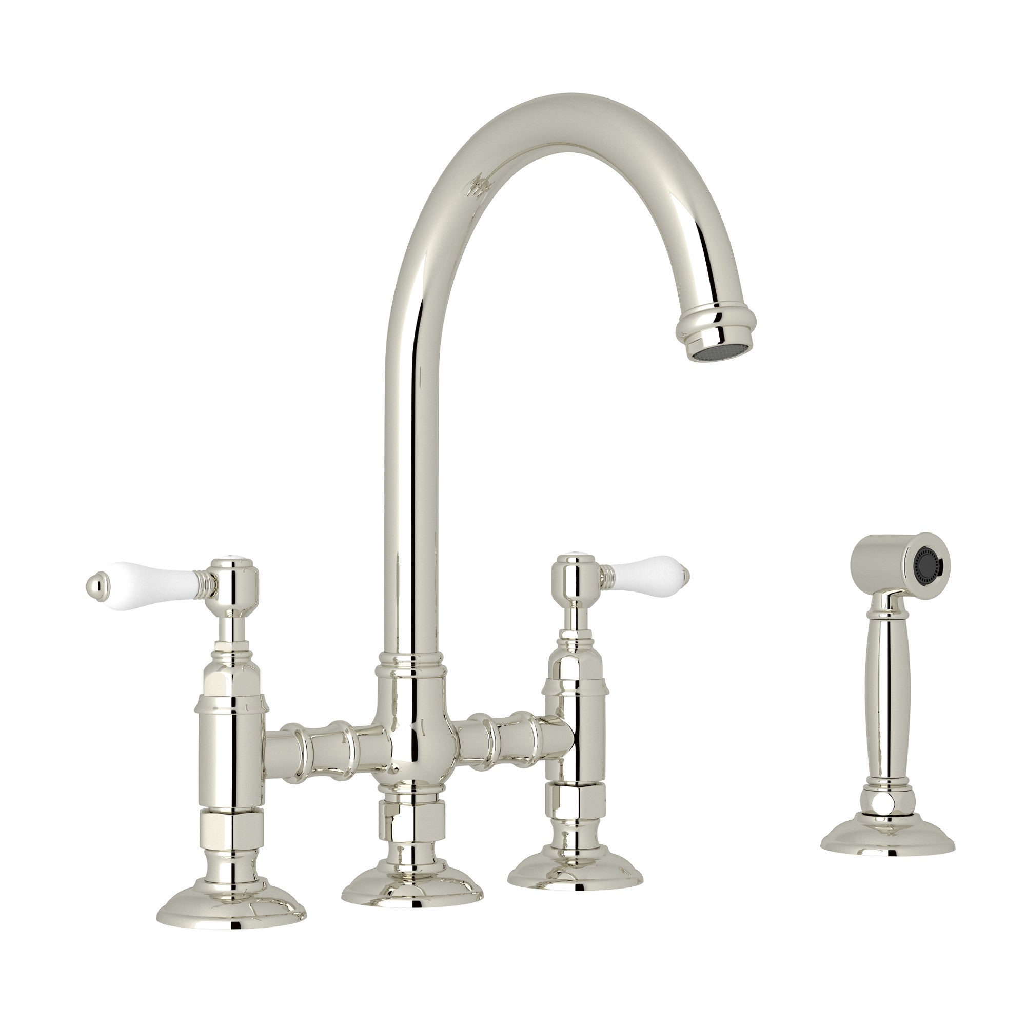 Rohl San Julio Mezcladora de Cocina Tipo Puente con Aspersor Lateral Acqui - Palanca de Porcelana Blanca - Níquel Pulido
