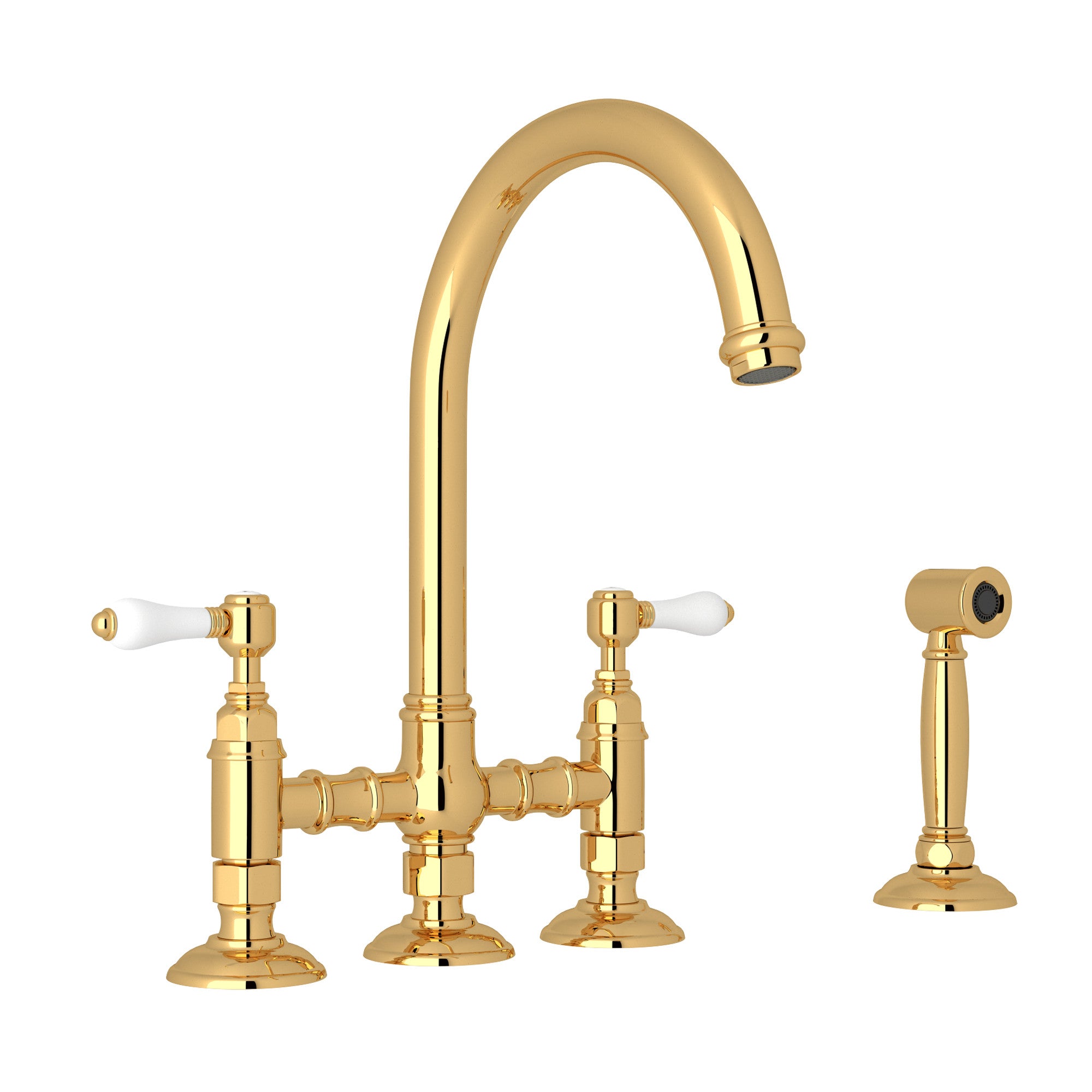 Rohl San Julio Mezcladora de Cocina Tipo Puente con Aspersor Lateral Acqui - Palanca de Porcelana Blanca - Latón Italiano