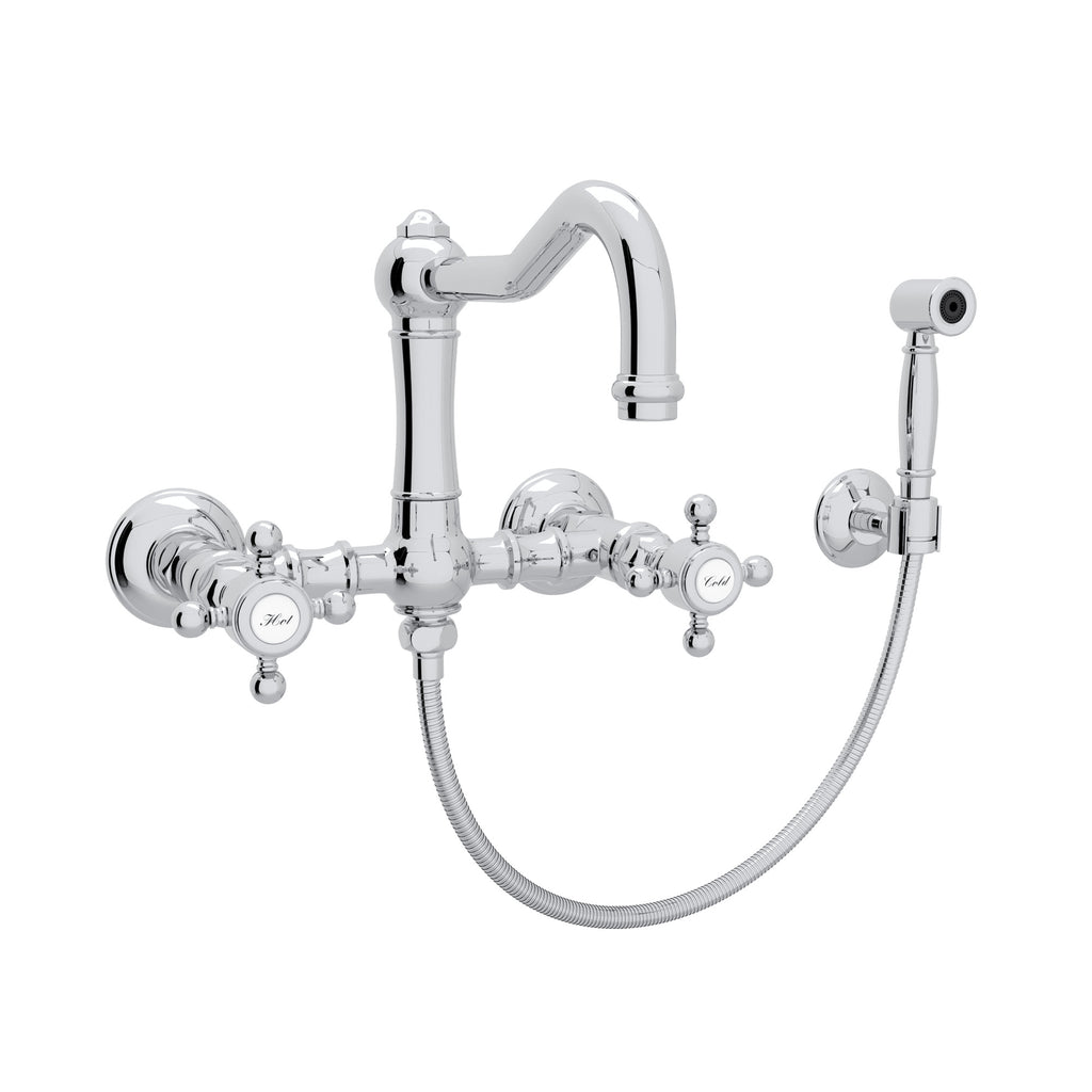 Rohl Acqui Mezcladora de Cocina Tipo Puente de Pared con Aspersor Lateral y Surtidor de Columna - Manija de Cruz - Cromo Pulido