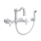 Rohl Acqui Mezcladora de Cocina Tipo Puente de Pared con Aspersor Lateral y Surtidor de Columna - Manija de Cruz - Cromo Pulido