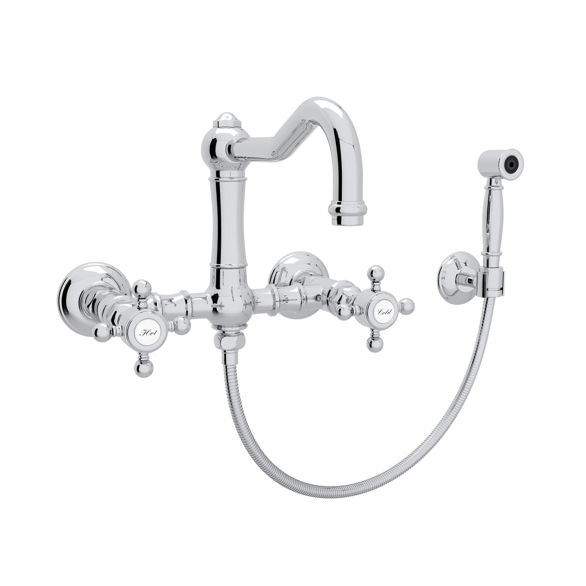 Rohl Acqui Mezcladora de Cocina Tipo Puente de Pared con Aspersor Lateral y Surtidor de Columna - Manija de Cruz - Cromo Pulido