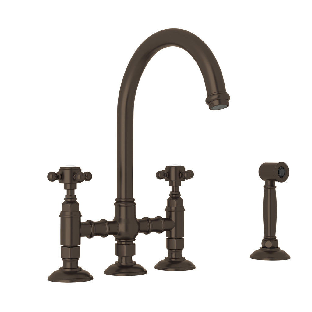 Rohl San Julio Mezcladora de Cocina Tipo Puente con Aspersor Lateral Acqui - Manija de Cruz - Latón Toscano