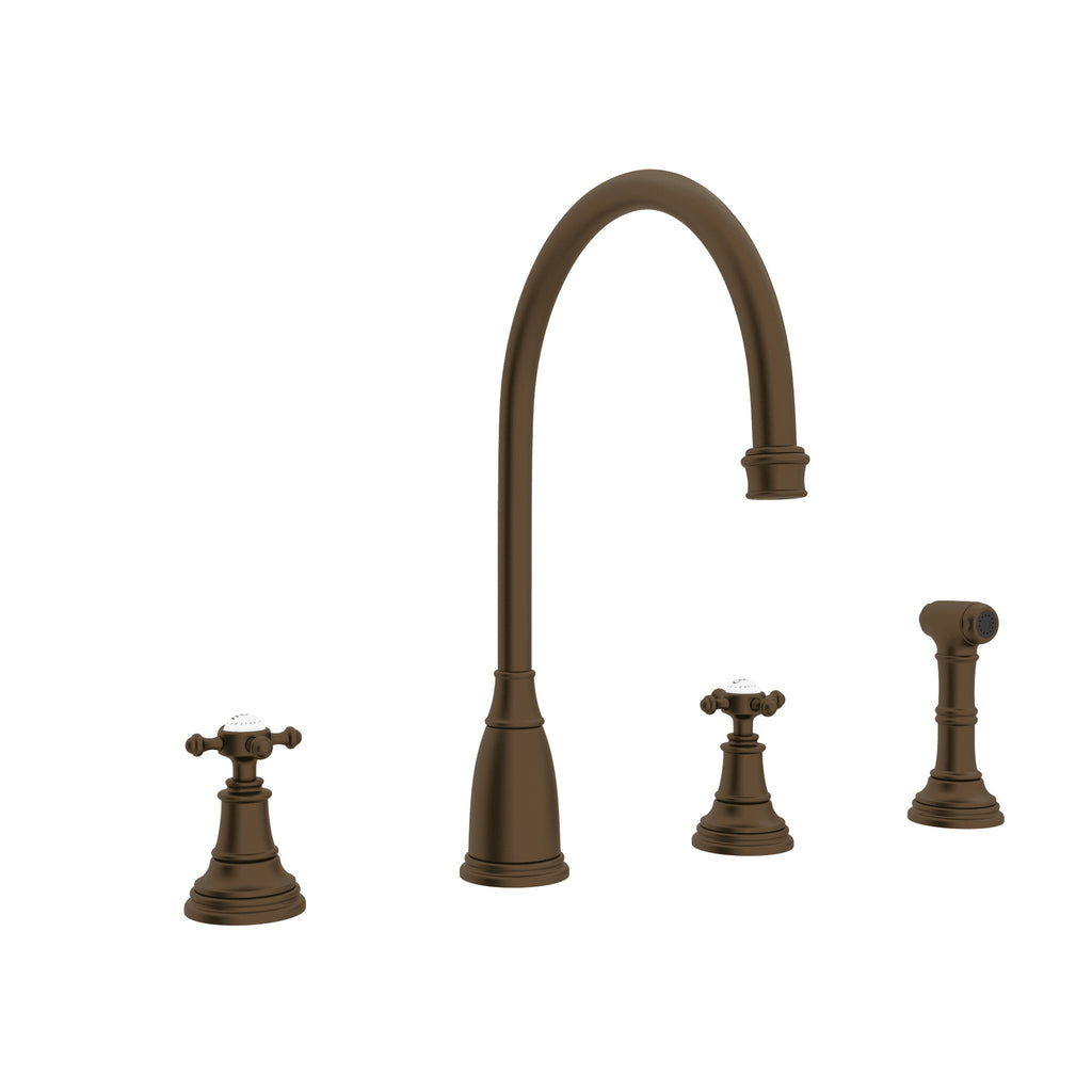 Rohl Georgian Era Mezcladora de Cocina de Dos Manijas con Aspersor Lateral - Manija de Cruz - Bronce Inglés