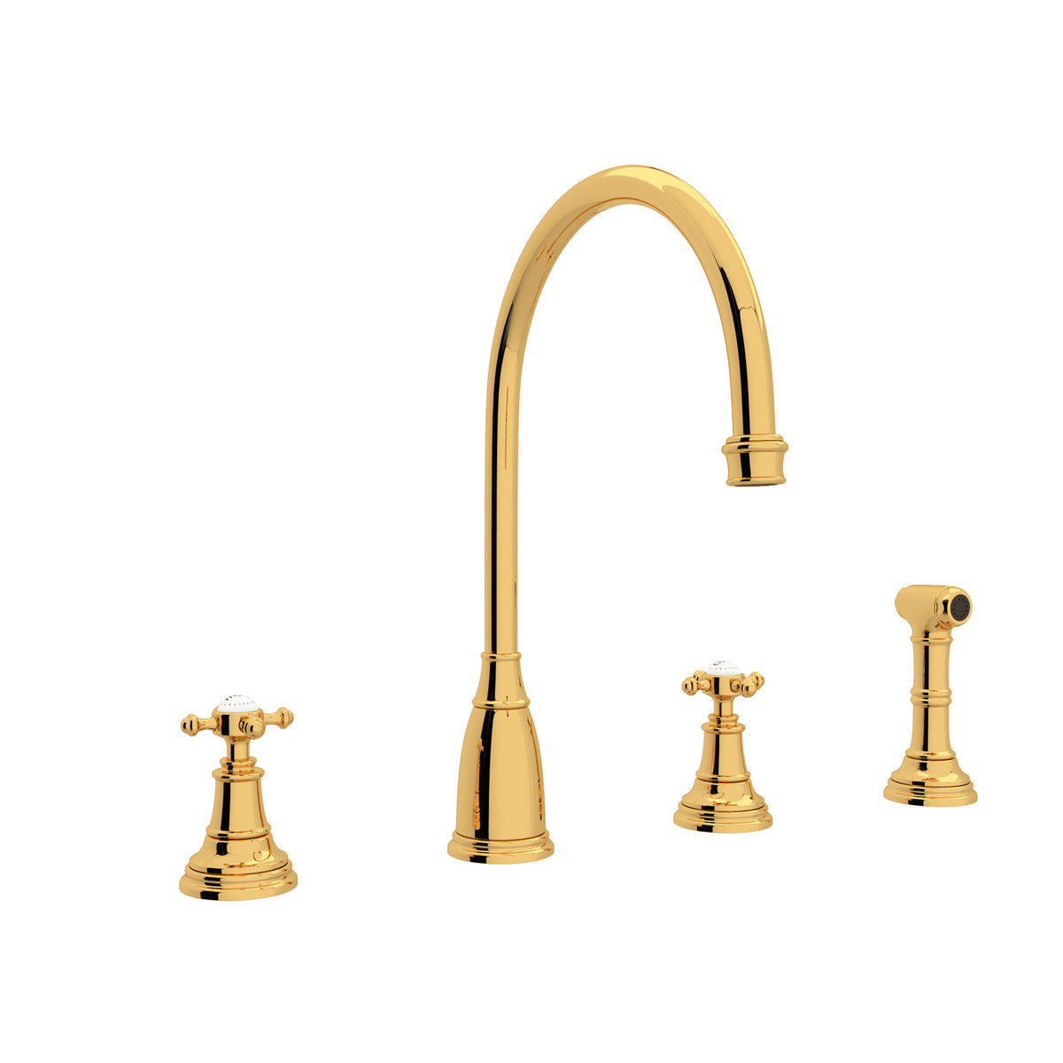 Rohl Georgian Era Mezcladora de Cocina de Dos Manijas con Aspersor Lateral - Manija de Cruz - Oro Inglés