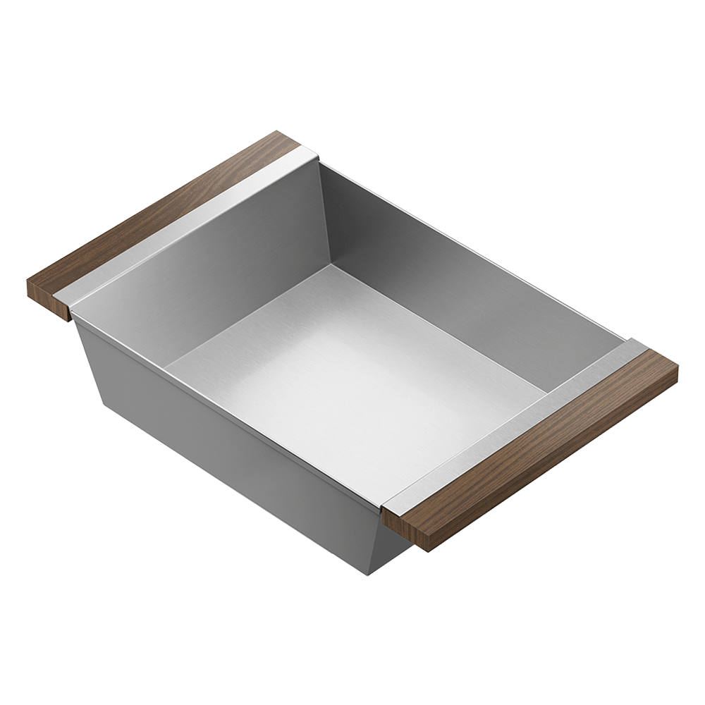 Julien · Contenedor Hondo Deslizante con Asas de Madera — Nogal / 12″ × 19″ · tazón de 18″ de fondo · alto 4¼″